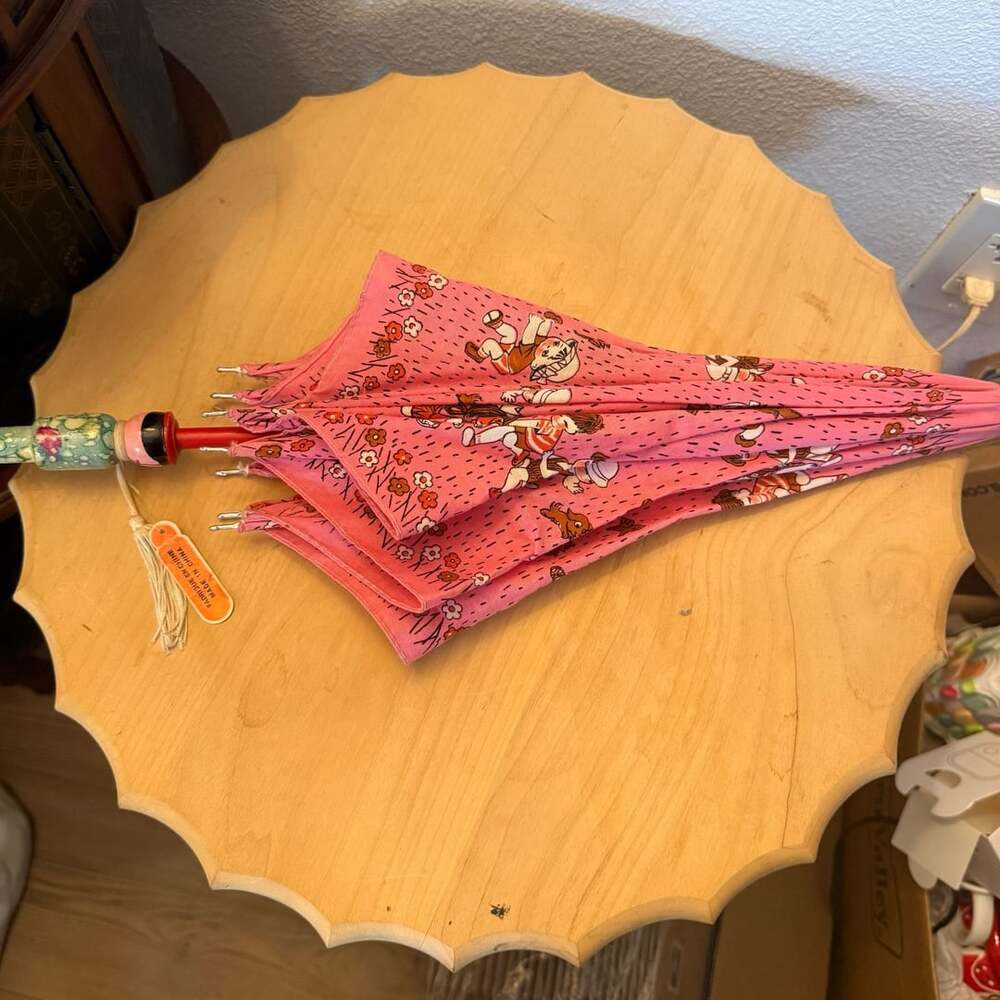 Vintage Seagull Childrens Pink Umbrella Wood Kokeshi Handle